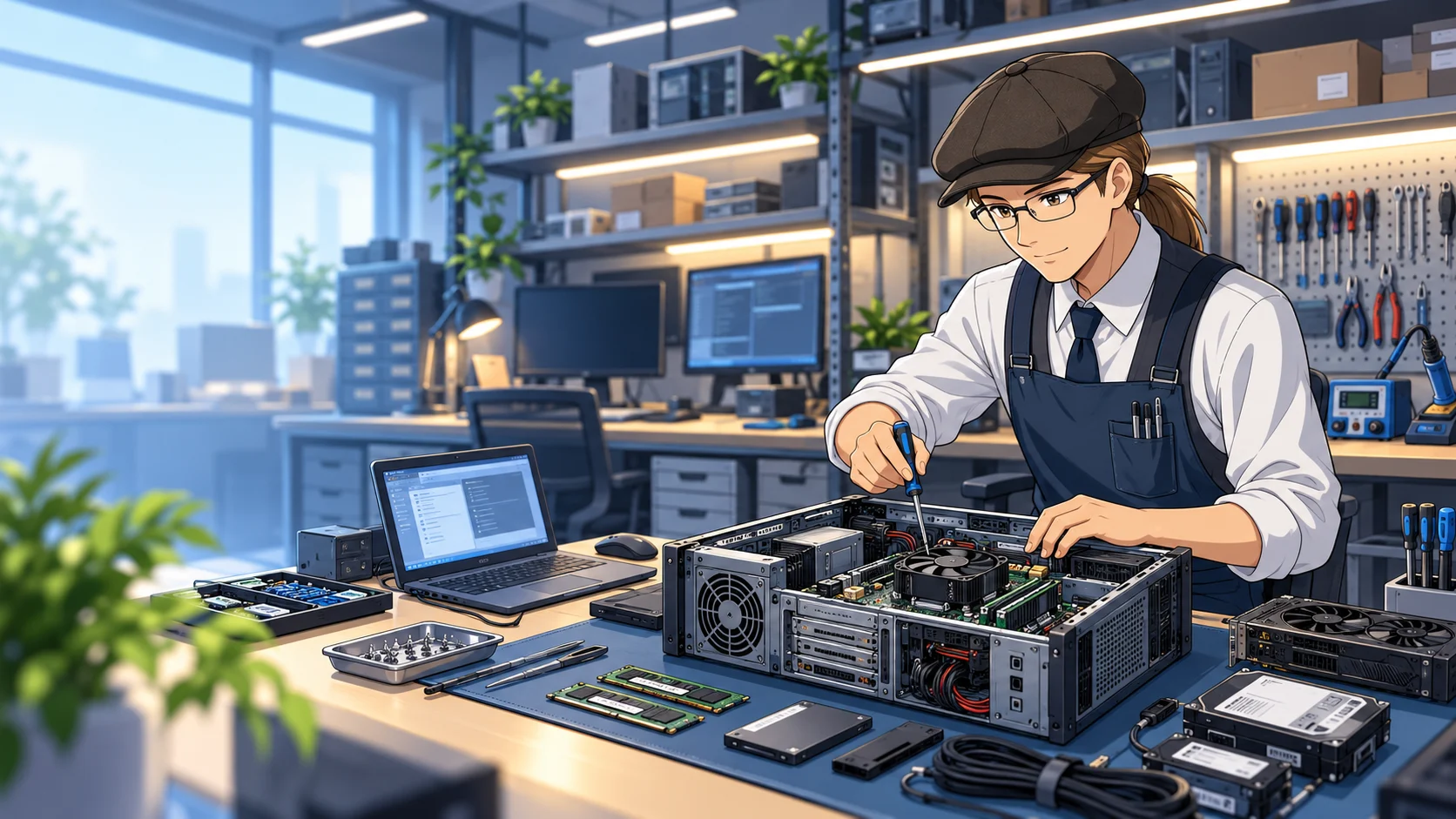 Ilustración del taller de MAGE IT: un técnico trabajando en una computadora de escritorio